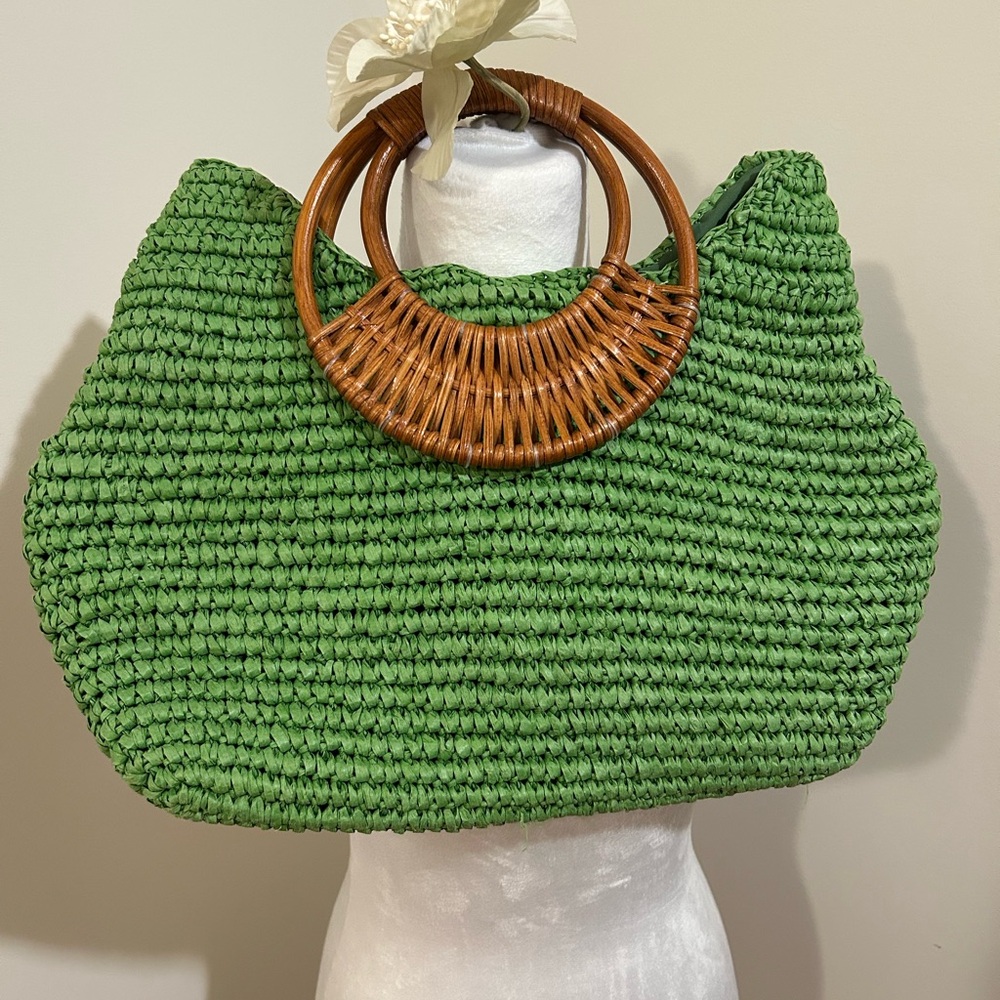 Straw Studios Green Tote with Wooden Handles